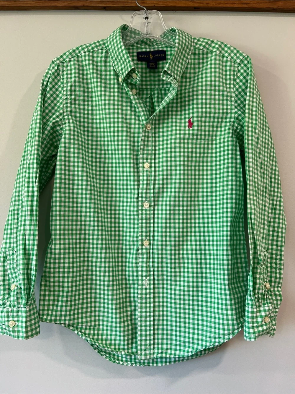 Ralph Lauren Green and White Gingham Button-Up Shirt - L, 14/16 boys